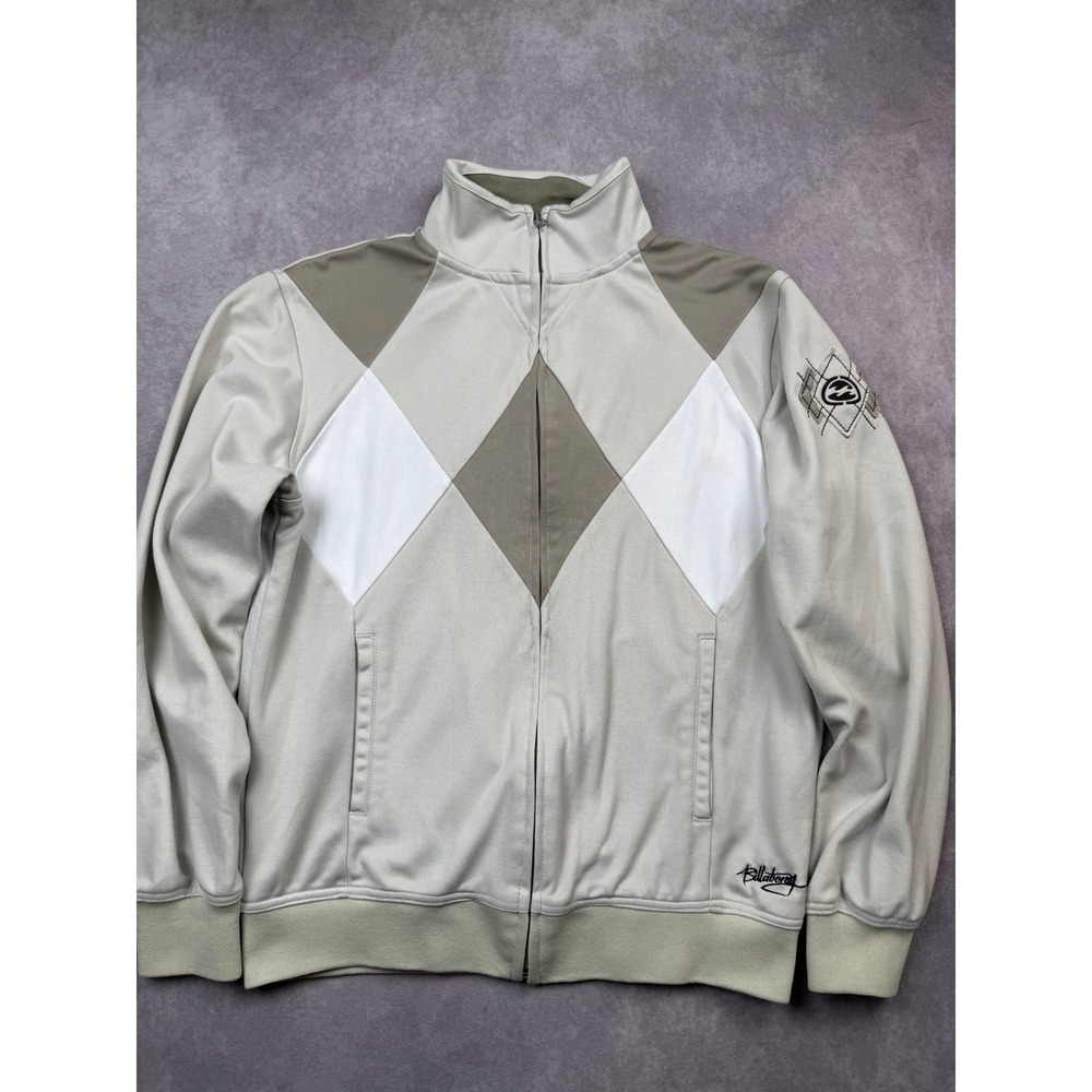 Billabong Men L Y2K Argyle Diamond Colorblock Track Jacket Tan Cream Streetwear